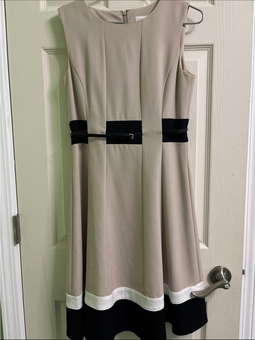 Calvin Klein Beige Sleeveless Midi Dress with Black & White Trim